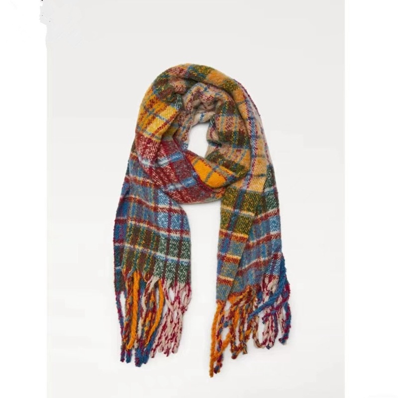 New Z Home Autumn and Winter Rainbow Plaid Cashmere-like Tassel Scarf Mohair Warm Men and Women Couple Bib Shawl