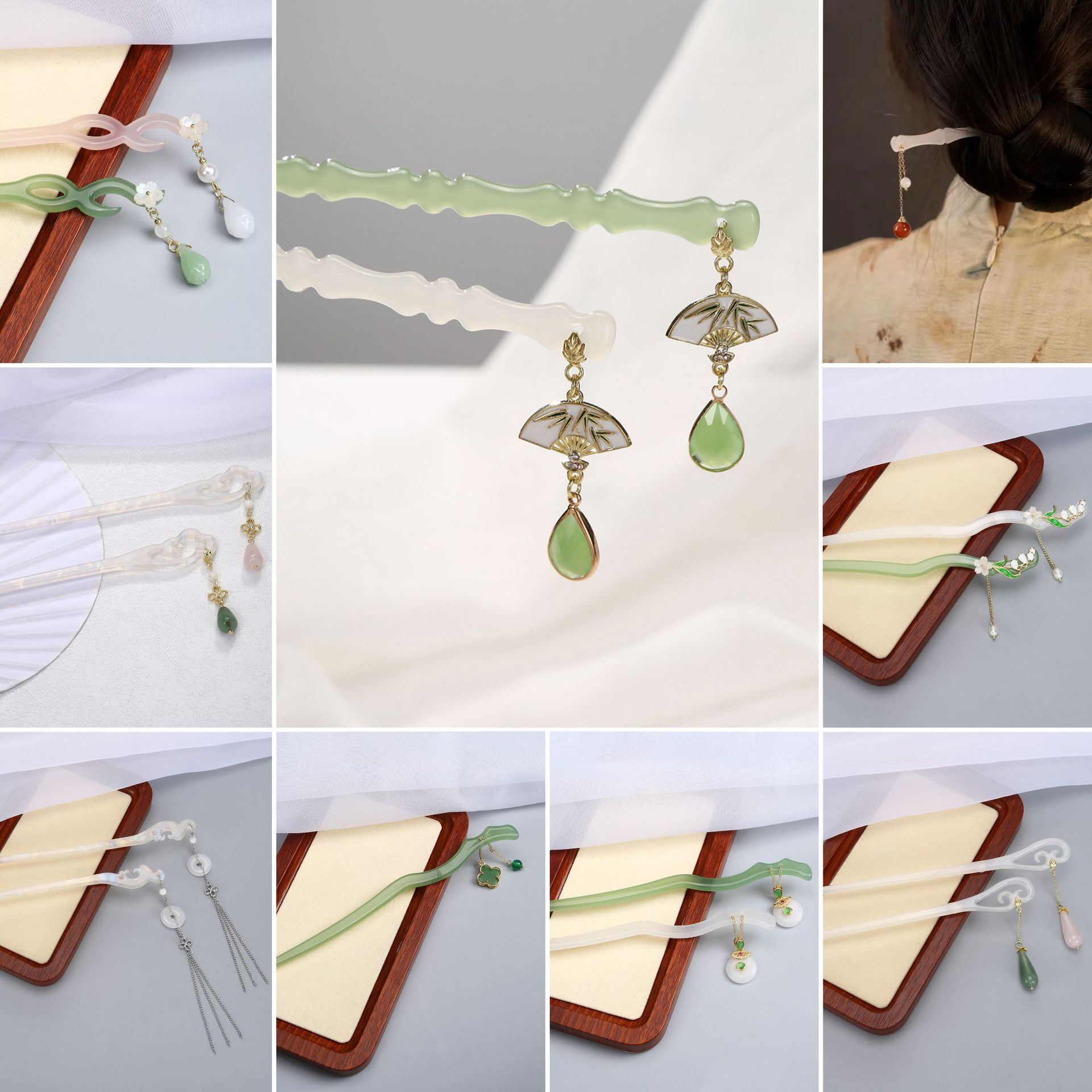 New Chinese Style Azure Frozen Bamboo Joint Acetate Agate Hairpin Ancient Style Dangling Ornament National Style Cold Imitation Jade Daily Updo Pin