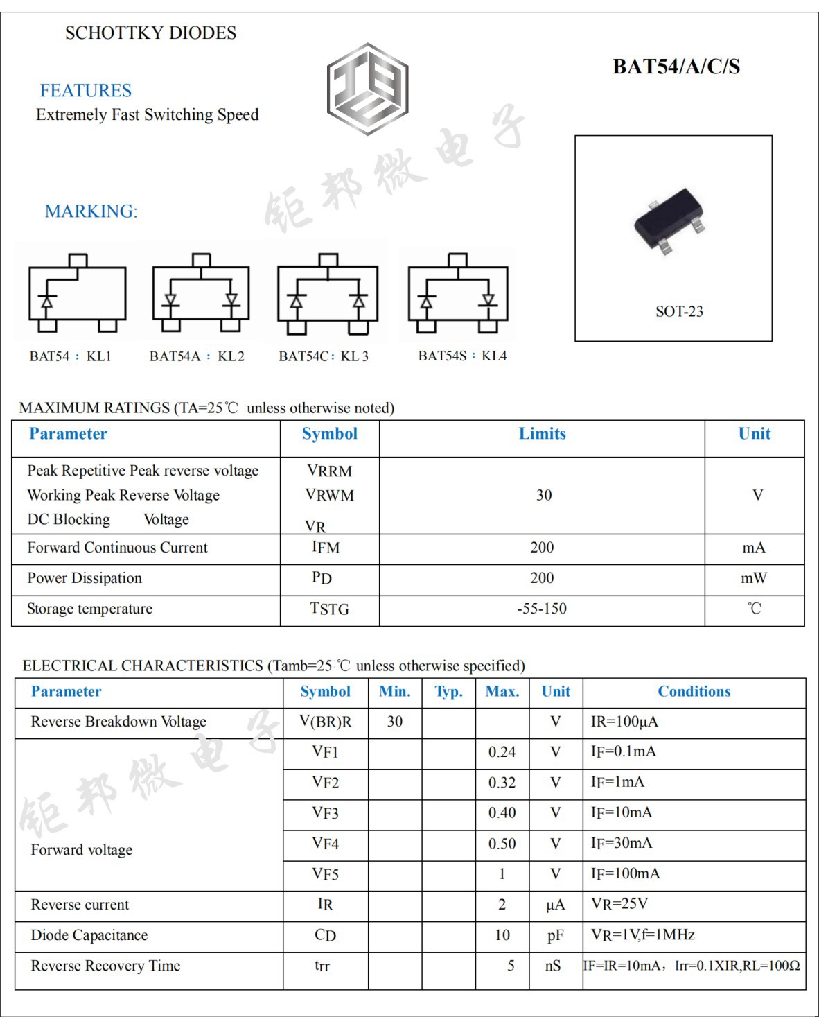 肖基特二极管 sot-23 bat54a kl2 贴片二极管 新优势现货长期供应