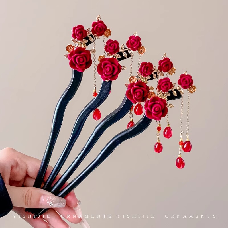 玫瑰花朵檀木盘发发簪古风女花朵簪子高级感汉服旗袍头花发钗头饰