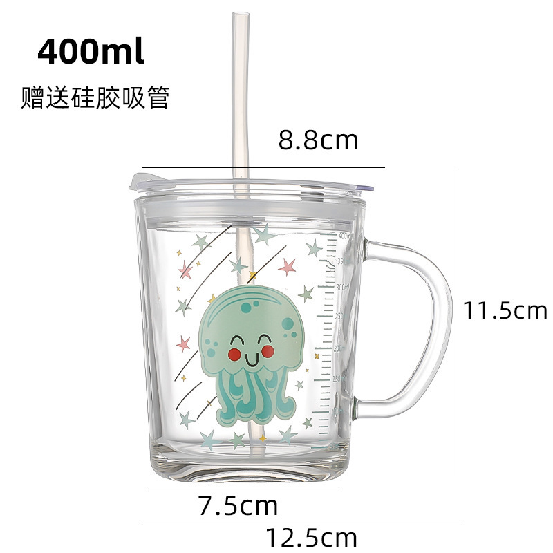 Creative Net Red Cup Children's Straw Cup Milk Cup Handle Graduated Glass Breakfast Cup Printing Cup Heat-Resistance Glass