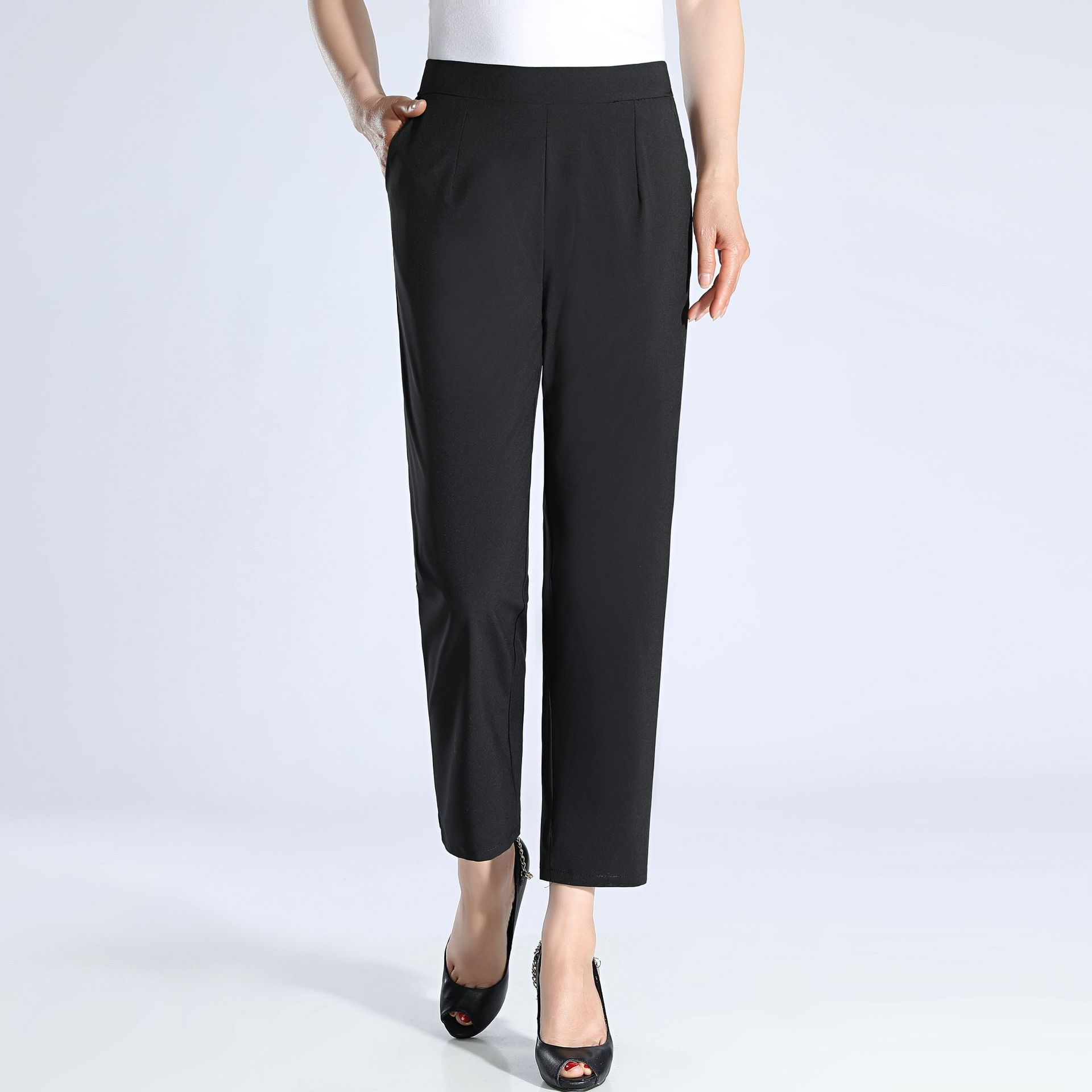 中老年女裤夏季薄款九分裤松紧高腰妈妈裤子宽松老年人大码直筒裤