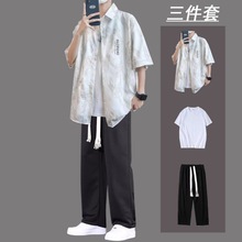 日系潮牌短袖衬衫男士夏季设计感一套搭配潮流休闲套装男装三件套