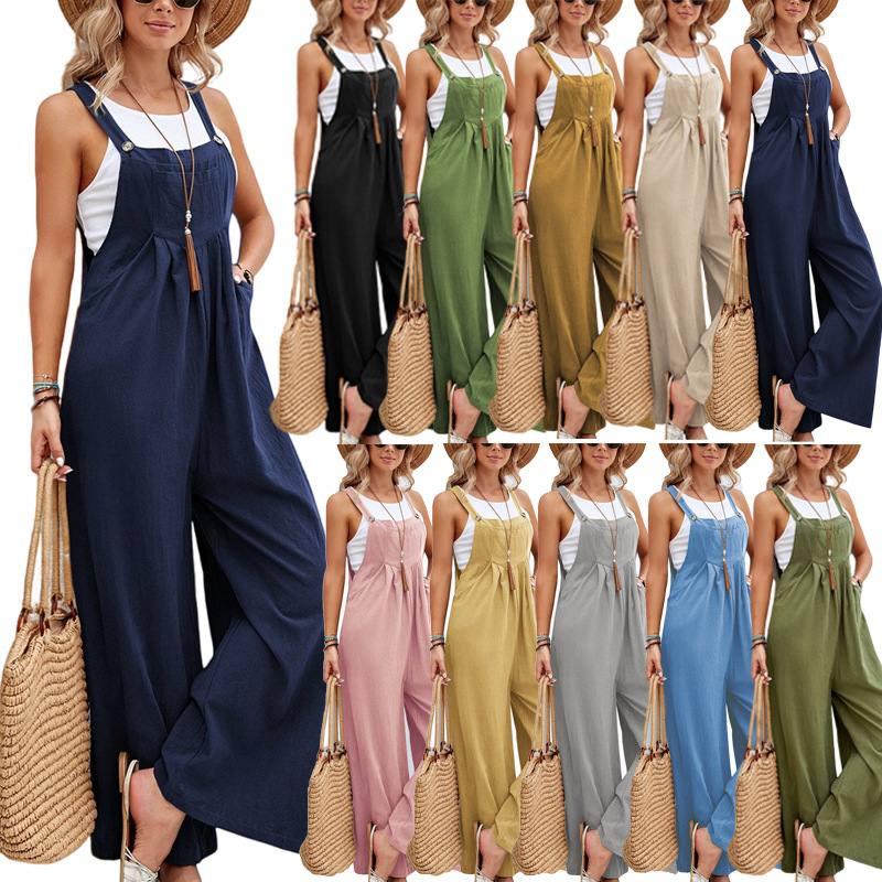 2023 Amazon Hot Selling EBay Independent Station Wish European and American Women's Clothing Hot Sale Solid Color Casual Suspender Trousers Female Women Clothes