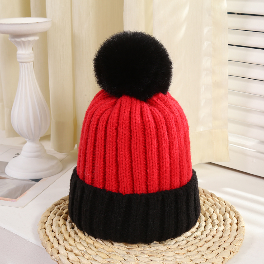 Korean Ins Style Color Matching Fashion Knitted Hat Women's Autumn and Winter Sweet Fluffy Ball Cap plus Velvet Warm Woolen Hat