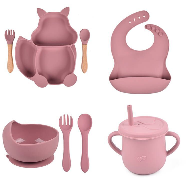 Food Grade Children's Feeding Tableware Set Cartoon Squirrel Silicone Compartment Plate Strong Suction Drop-Resistant Silicone Bowl