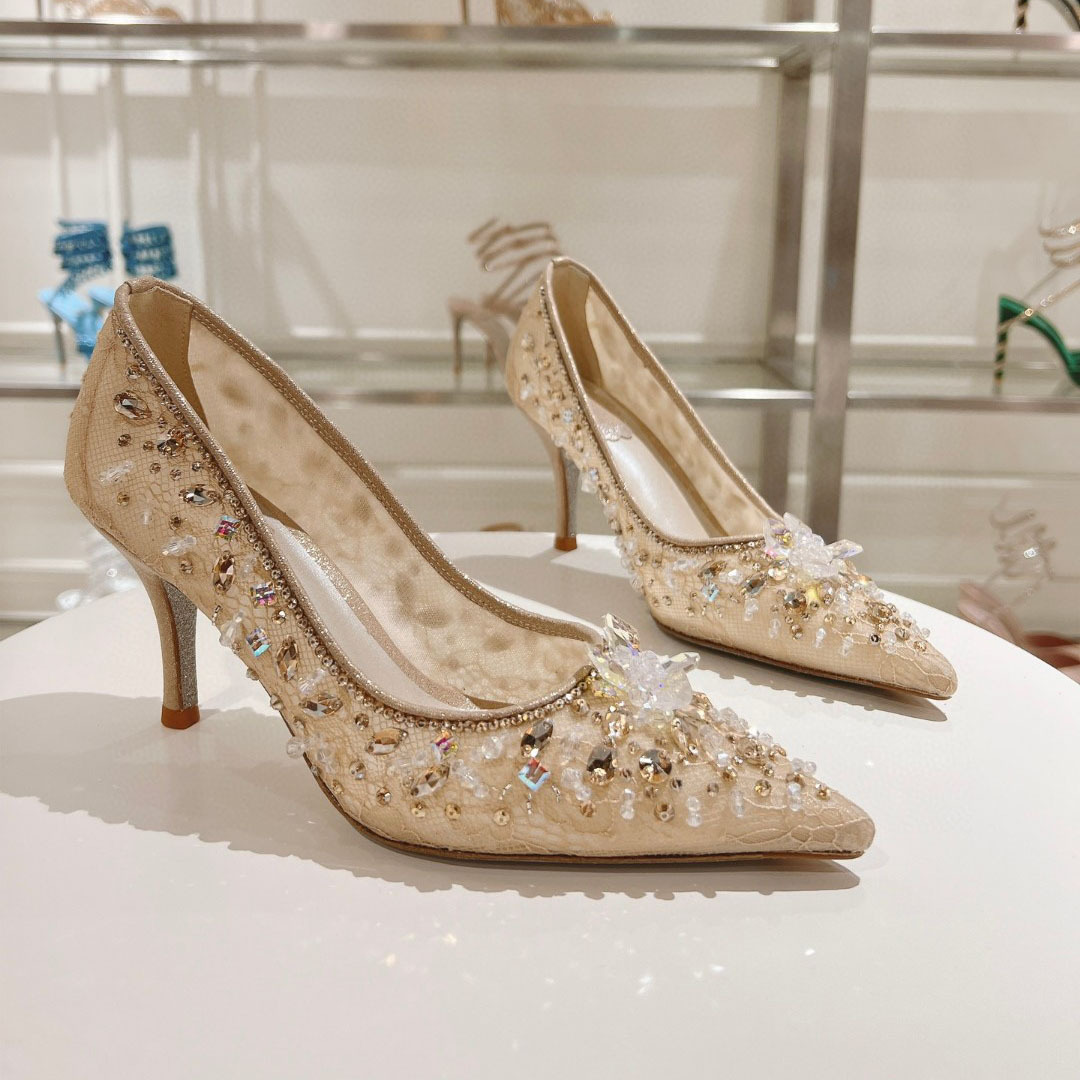 2024夏新款水钻花朵网纱细跟高跟鞋单鞋浅口尖头伴娘宴会秀禾婚鞋