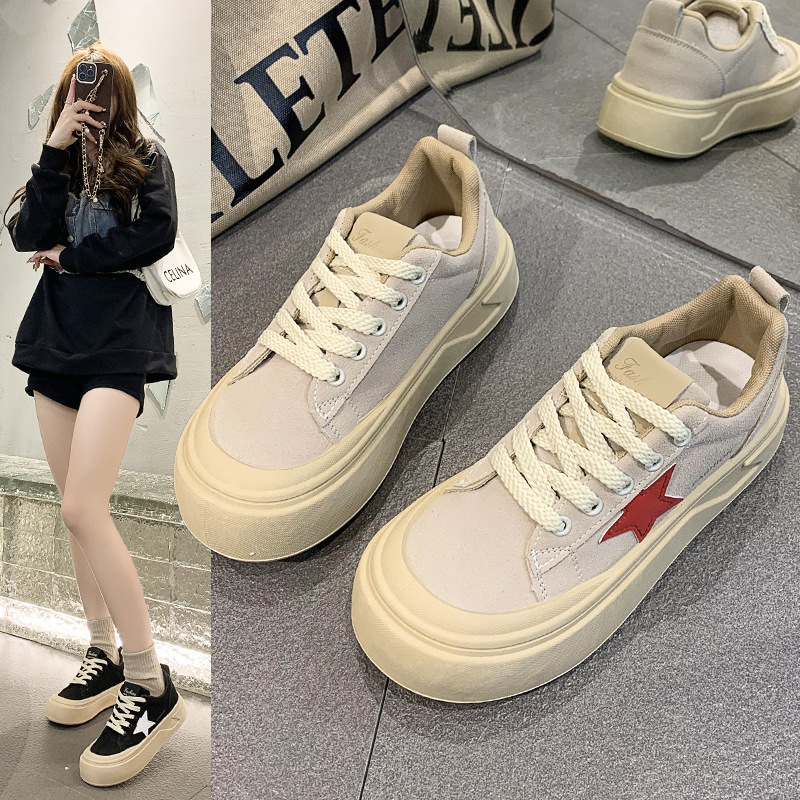 2023秋冬新款星星美式复古厚底板鞋女ins休闲学院风帆布鞋女-阿里巴巴