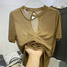 欧货镂空露背字母挂脖薄款短袖T恤女夏季新款ins韩版小众设计上衣