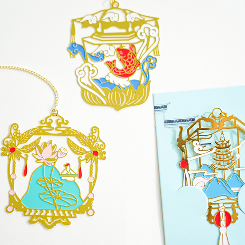 中国风花灯书签精美古风书签国潮金属黄铜书签中秋元宵节日礼品