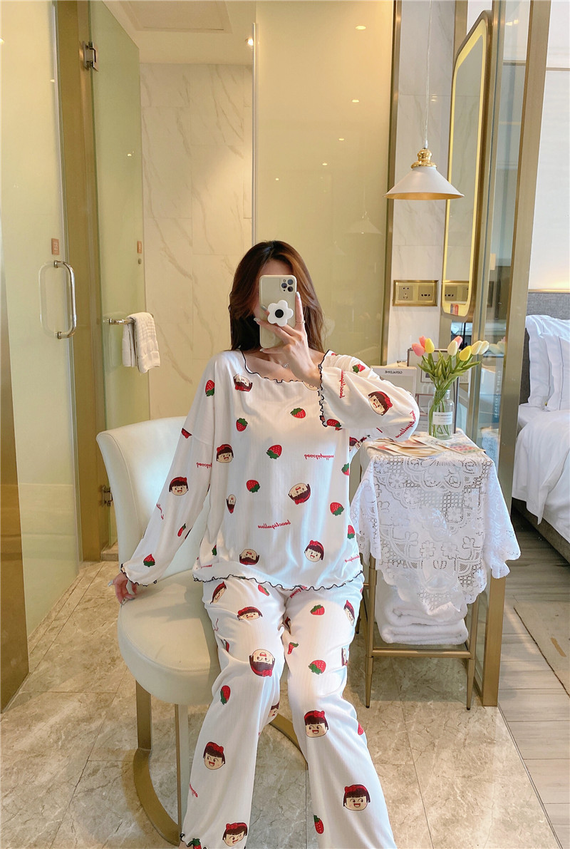 送布袋新款睡衣女批发少女睡衣秋季坑条牛奶丝长袖长裤家居服套装