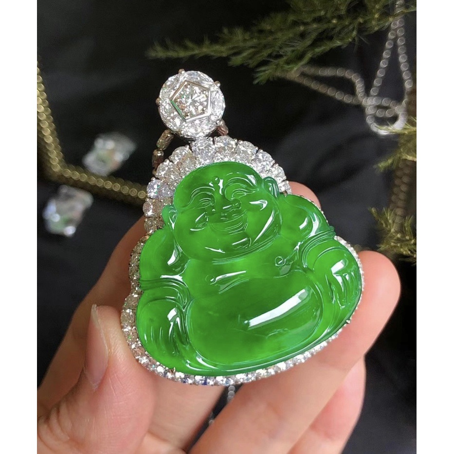 冰种翡翠玉吊坠笑玉佛公玉坠男女挂件阳绿镶嵌