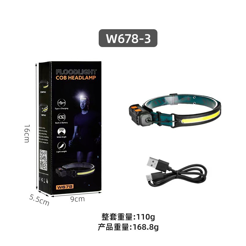 Cross-Border Cob Induction Major Headlamp Type-C Rechargeable Head-Mounted Night Fishing Lamp Dual Light Source Led Run Light