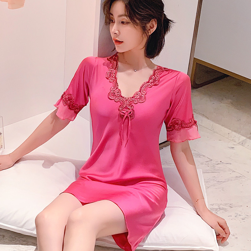 Summer Thin Women's Ice Silk Nightdress Satin Sexy Lace Flower Spring and Summer Half Sleeve Dress Home Wear Wholesale
