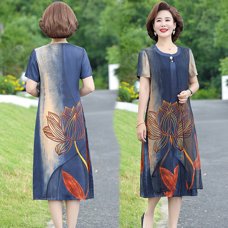 妈妈夏装新款连衣裙中年女洋气遮肚50岁中老年人短袖宽松裙子