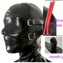 全罩式乳胶橡胶风帽带长鼻管嘴牙Gag可拆卸眼罩和嘴罩后拉链
