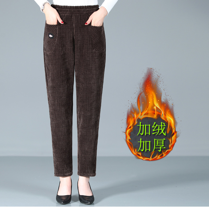 灯芯绒裤子女秋冬季2023新款休闲加绒加厚哈伦裤妈妈条绒外穿女裤