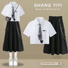 2024夏季套装女学生韩版洋气学院风短袖衬衫高腰工装半身裙两件套