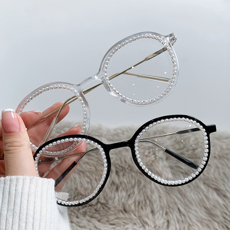 Full Diamond round Frame Plain Glasses Fashion High Sense Instafamous Glasses Frame Anti-Blue Light Personality Diamond Retro Glasses Frame