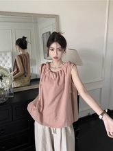粉色韩版无袖上衣女ins宽松复古亚麻休闲系带设计感气质度假风T恤