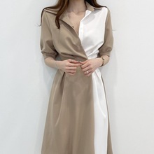 韩国chicc夏季法式小众翻领设计感撞色拼接一粒扣收腰短袖连衣裙
