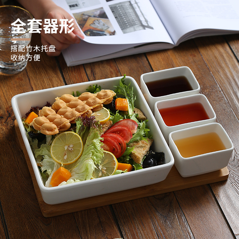 Modern Simple Partition Platter Set Ceramic Square Belt Large Capacity Wooden Pallet Household Restaurant Fruit Salad Plate