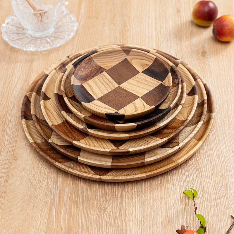 Wooden Plate round Stitching Nordic Cake Plate Wooden Tray Rectangular Household Japanese Wood Dish Tea Tray