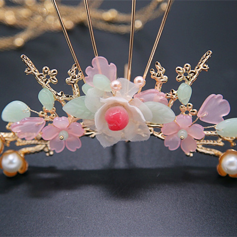 汉服头饰蟠桃娟布古风公主流苏发冠女童古装超仙步摇凤冠头冠皇冠