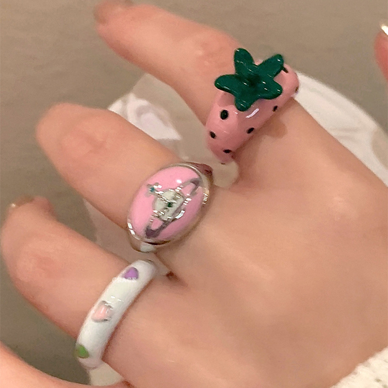 Sweet Dopamine Dripping Planet Strawberry Lovely Ring Creative Design Index Finger Ring All-Match Girl Heart Bracelet