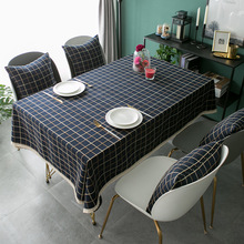 藏蓝色格子桌布布艺棉麻长方形美式田园小清新台布一件代发亚马逊