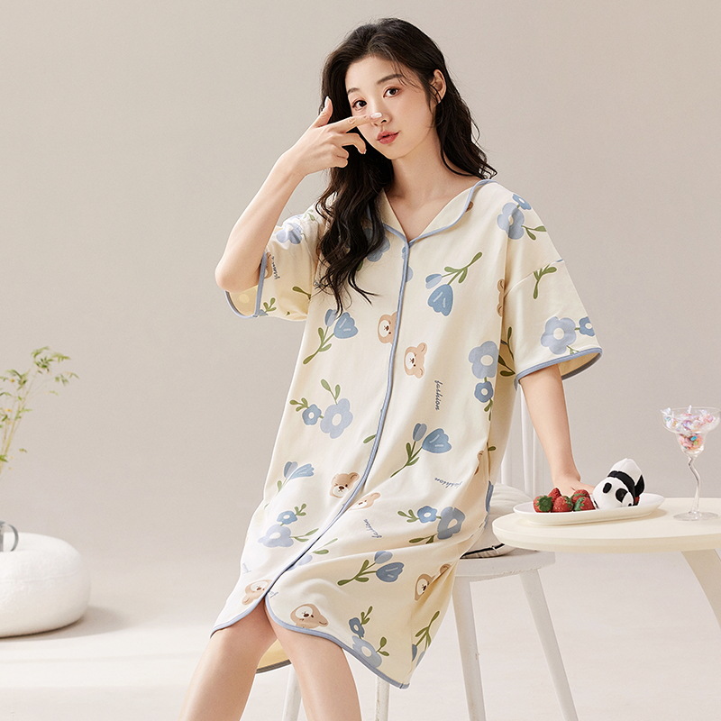 Summer Padded Nightdress Women's Short-Sleeved Loose Casual Women's Pajamas Cotton Outerwear Women's Cartoon Home Wear