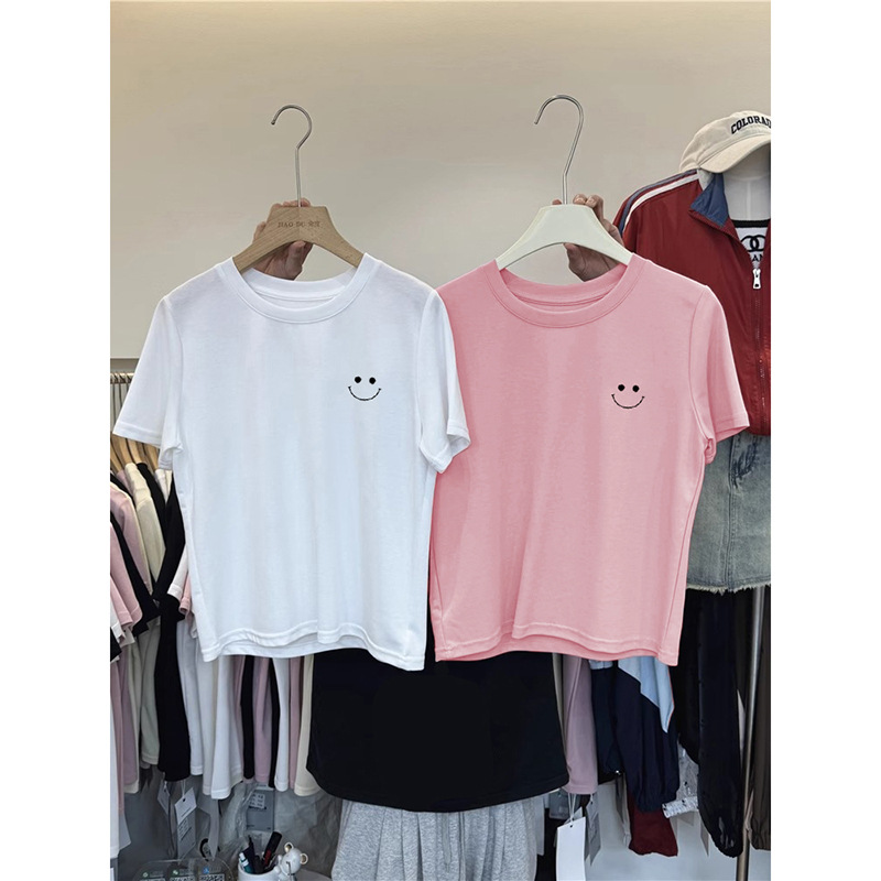 2024打底衫百搭圆领韩国东大门笑脸印花休闲正肩纯棉短袖t恤女装