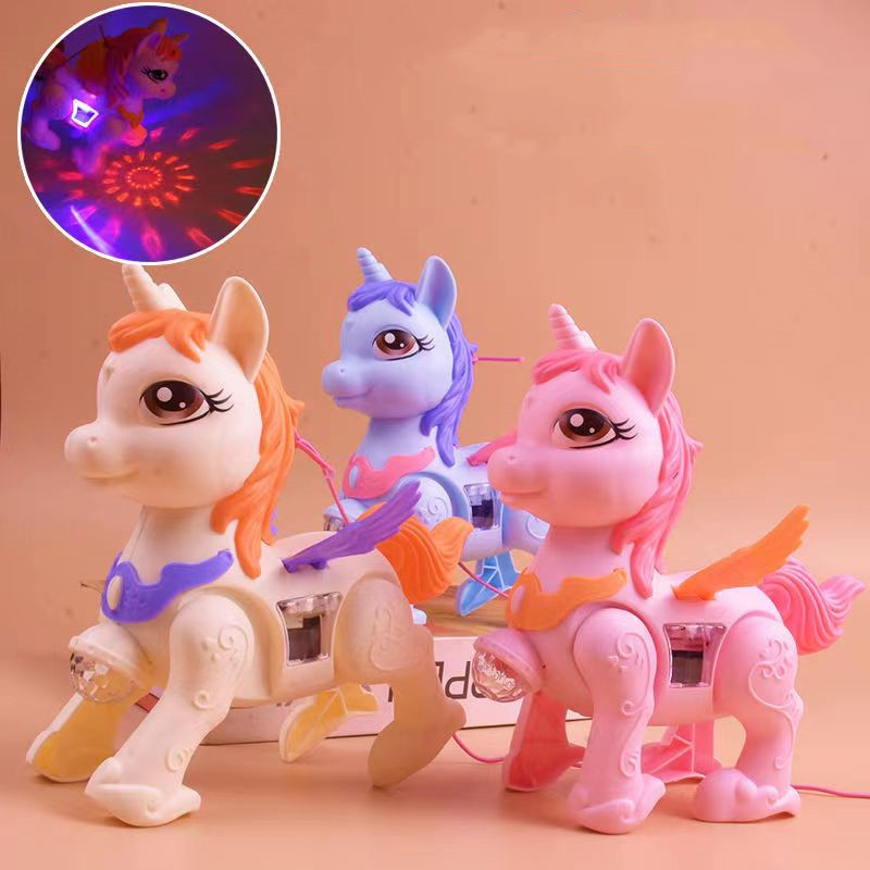 New Electric Leash Small Horse Walking Music Light Projection Unicorn Boy Girl Gift Stall Toy