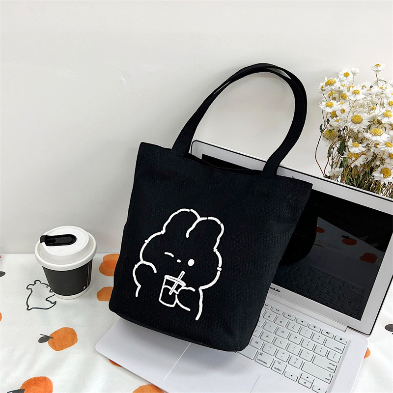 2023 New Canvas Handbag Trendy Simple Women's Bag Korean Cute Student Lunch Box Bento Embroidered Bucket Bag