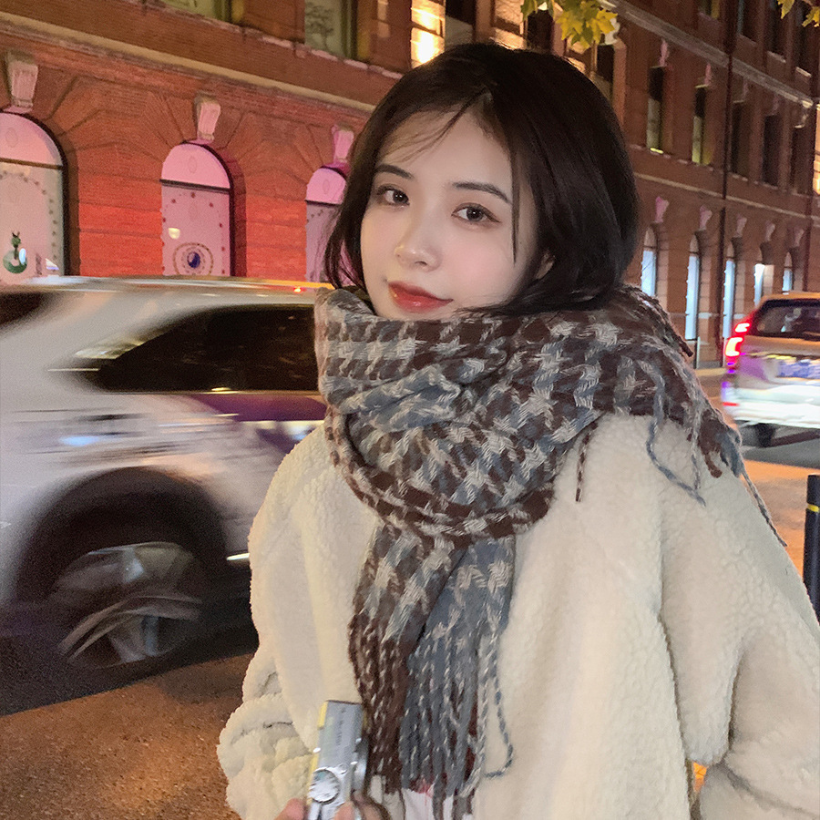 Plaid Scarf Women's Winter 2023 New Korean Style Houndstooth Scarf Cashmere-like Warm Tassel Shawl Thickened Fashion