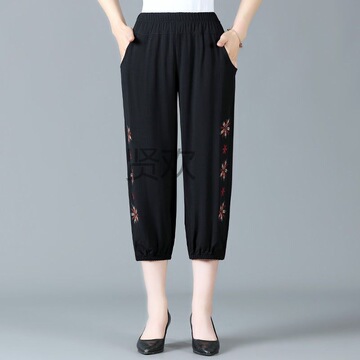 xh中老年人夏装松紧腰纯棉七分裤奶奶夏季薄款绣花女裤老太太休闲
