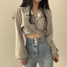 韩国chic早春法式小众设计感后背系带蝴蝶结露肚脐短款衬衫上衣女