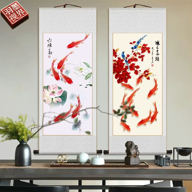 鸿运当头九鱼图卷轴挂画新中式客厅装饰画书房茶室红色鲤鱼玄关画