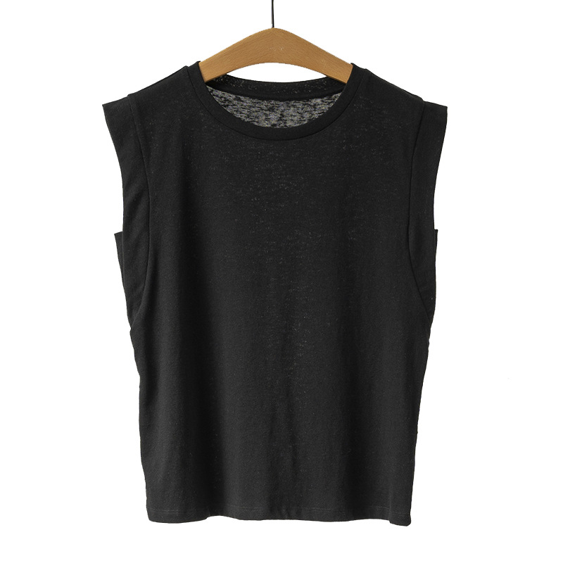 Cotton Linen Vest Women's 2023 Summer round Neck Loose Slimming Slightly Transparent Anti-Exposure Design Sleeveless T-shirt Top