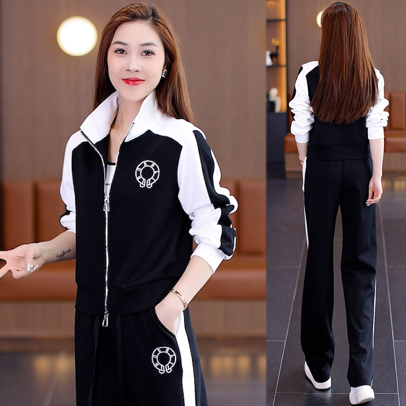 休闲运动套装女气质感韩系两件套修身显瘦春秋新款立领开衫-阿里巴巴