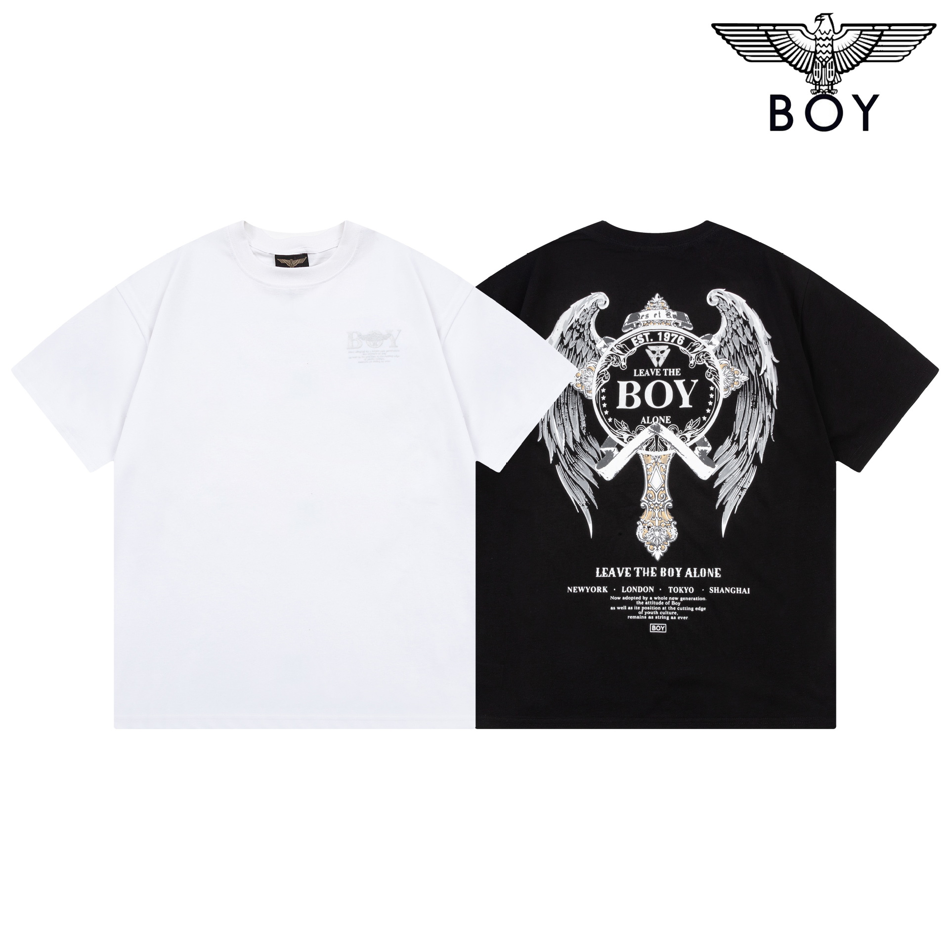 潮牌boy老鹰翅膀银币烫钻装饰印花短袖男女款夏季休闲圆领短袖t恤