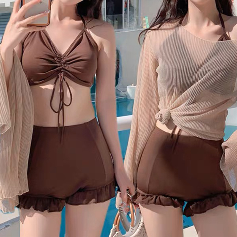 Swimsuit Women's Summer Ins Sexy Slim Cover Belly Split Bikini Three-Piece Set Slim Fit Slimming Long Sleeve Casual Swimsuit