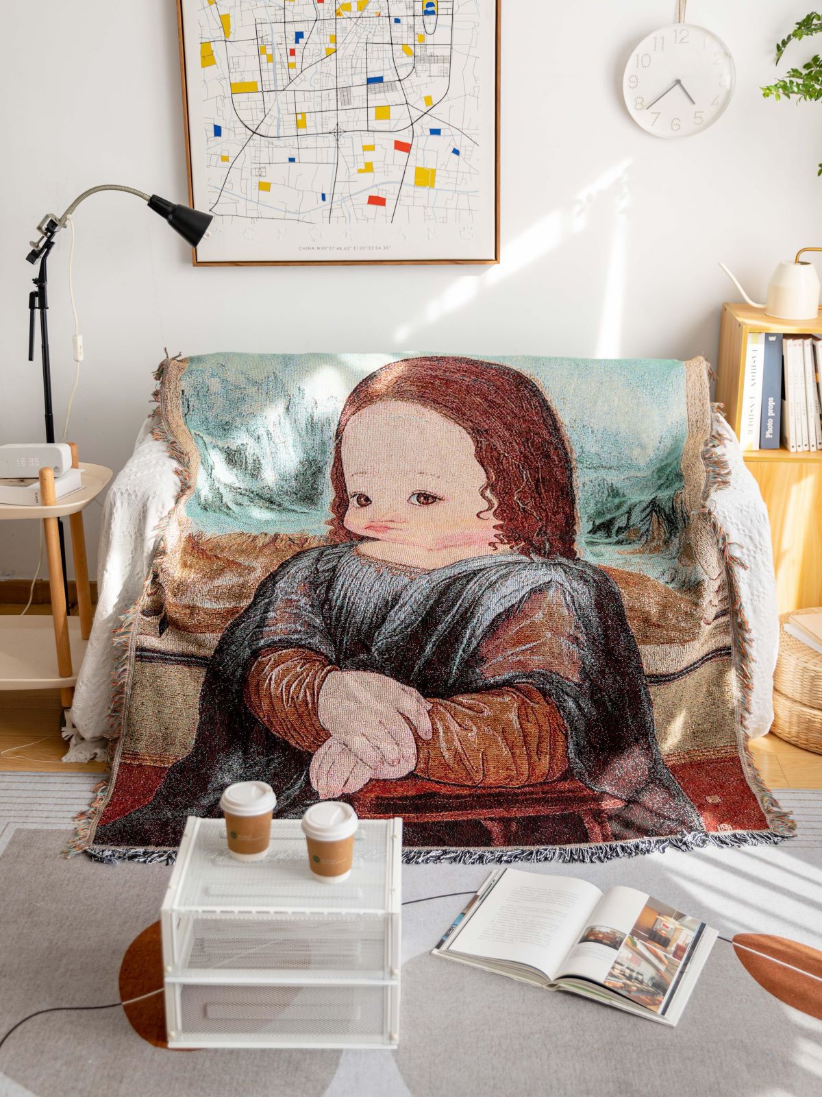 Q Cute Mona Lisa Single Sofa Cover Decorative Blanket Nap Blanket Night Market Tapestry