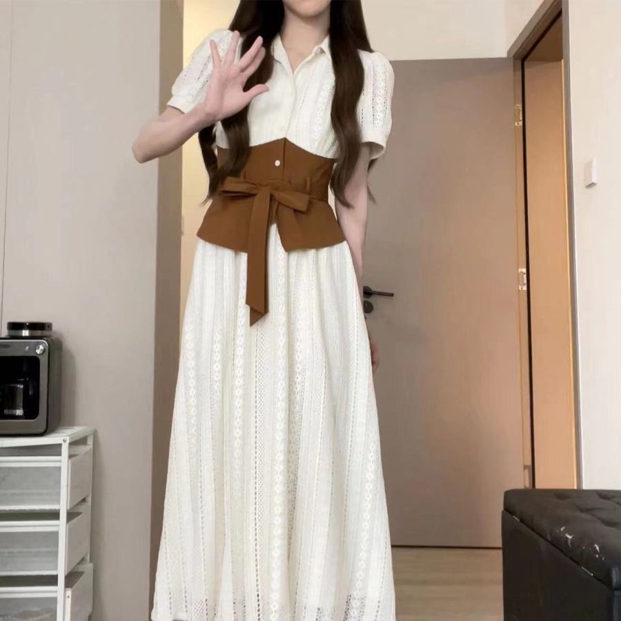 抖音新品 腰封裙短袖连衣裙收腰显瘦修身裙子纯色假两件设计感夏