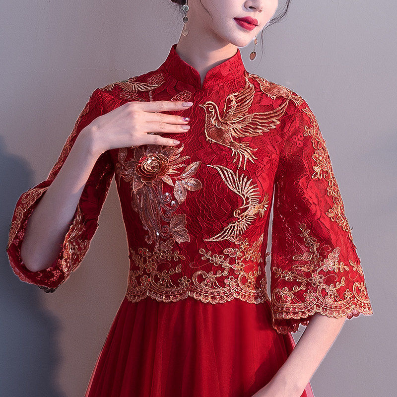 新娘敬酒服旗袍2022新款夏季短袖中式秀禾服嫁衣结婚酒红色礼服女