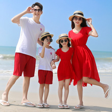 亲子装母女裙一家三四口海南三亚海边度假裙红色海滩连衣裙夏A25#