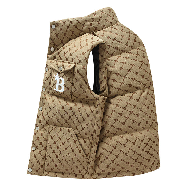 羽绒马甲男冬季潮牌宽松大码无袖立领坎肩男士跨境满印字母b外套