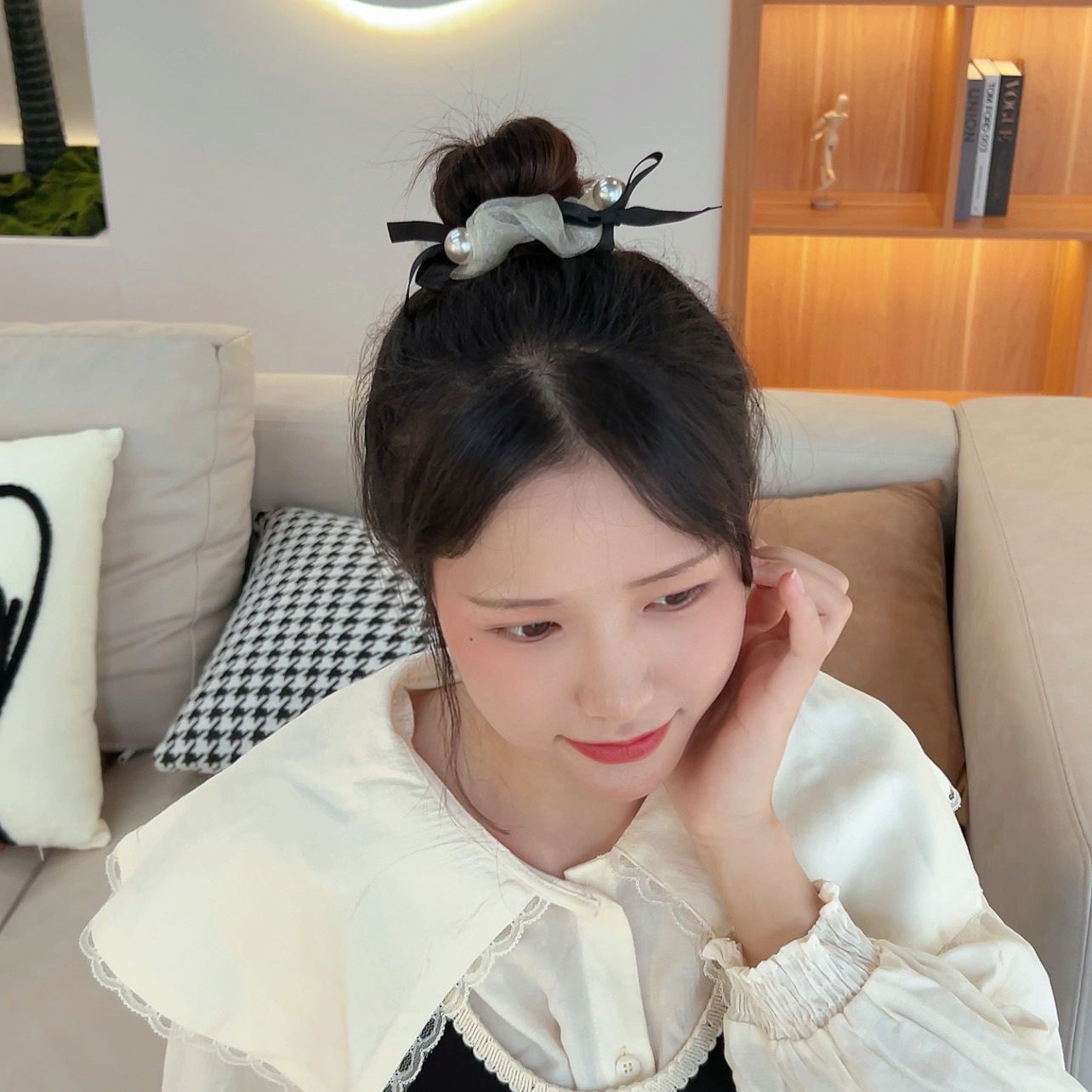 MIZI INS Style High Sense French Large Intestine Ring Hair Band Simple Graceful Hair Band Pearl Hair Rope Korean Hair Accessories