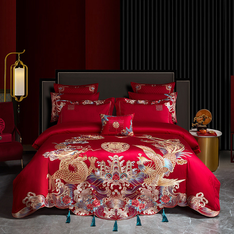 wedding long-staple cotton four-piece set wedding chinese dragon and phoenix embroidery high-end bedding pure cotton quilt cover wholesale