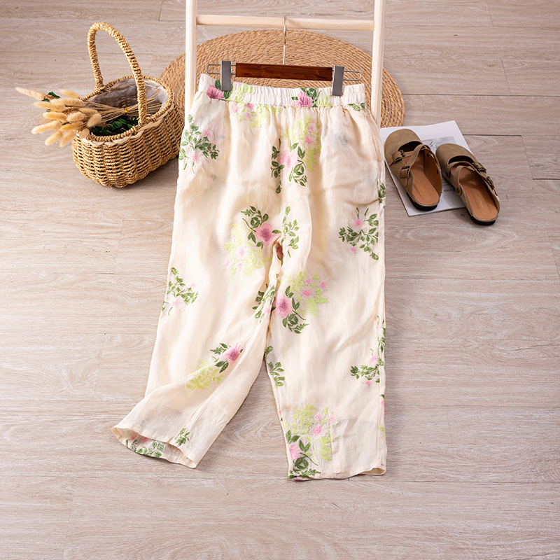 t6853重工花朵刺绣苎麻裤子时尚洋气休闲哈伦裤女春夏季双层大码